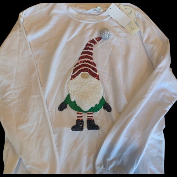 Workshop Women' Christmas White Long Sleeve Tee Sequin Santa Gnome Sz M NWOT - Picture 1 of 3